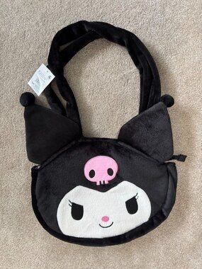 Sanrio Kuromi Big Face Plush Tote Bag Black Fluffy Shoulder Bag Japan Kawaii